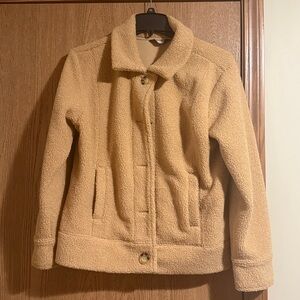 Encore by Idina Menzel Open Collar Relaxed Fit Sherpa Car Coat in Camel color